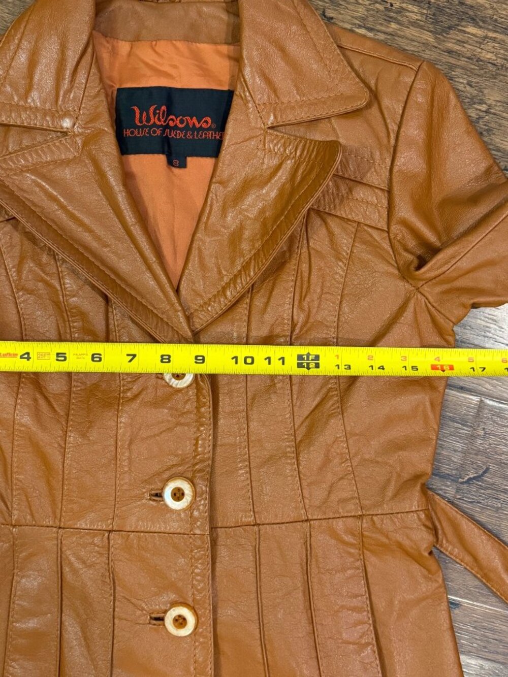 Vtg Wilsons Leather Belted Jacket Camel Brown Sz 8 - Picture 10 of 12